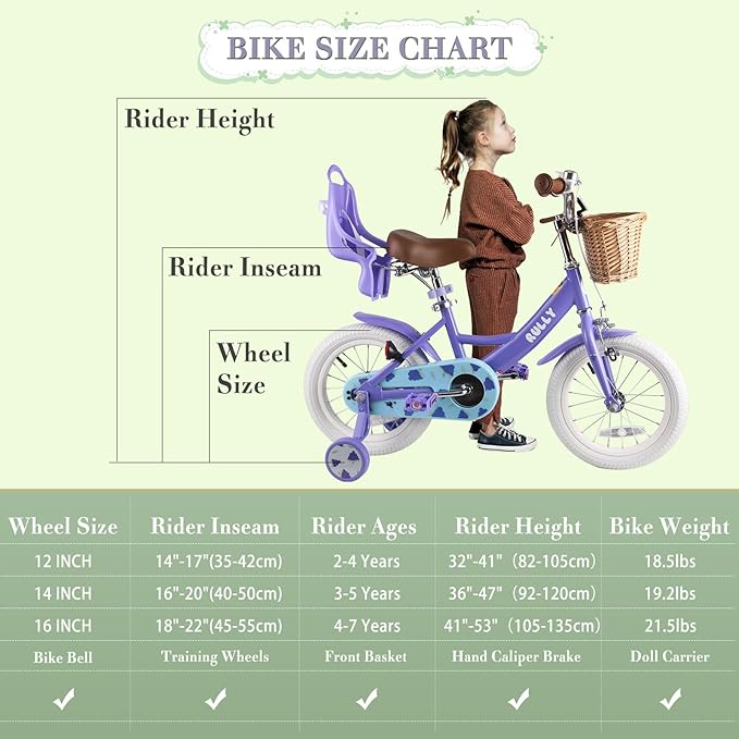 RULLY Fruit Kids Bike 12 14 16 Inch Bicycle for Girls Ages 2-7 Years, Training Wheels Included, Girl Bikes with Basket & Doll Seat