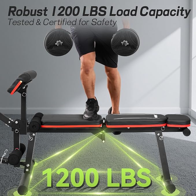 Upgraded Adjustable Weight Bench with Leg Extension and Leg Curl, 9 Back Positions & Foldable, 1200LB Workout Bench for Home Gym, Flat Decline Incline Bench for Full-Body Strength Training & Big Guys
