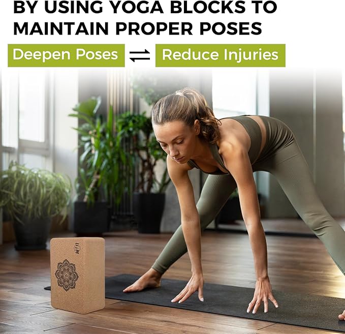 U&M Cork Yoga Blocks 2 Pack Set,Natural Cork High Density 9"x6"x4" Yoga Blocks Odor-Resistant Non-Slip for Yoga, General Fitness, Pilates, Stretching and Toning