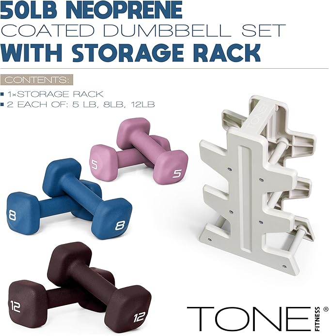 Tone Fitness Neoprene Dumbbell Set with Storage Rack – Non-Slip, Anti-Roll Hand Weights for Home Gym Workouts | 20 lb, 32 lb, & 50 lb Options