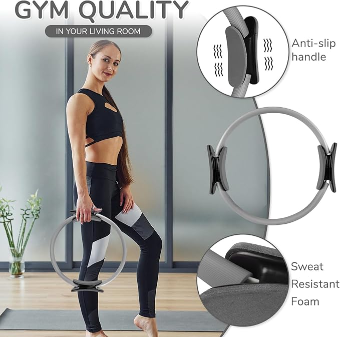 TOPZGLEEY Pilates Ring Set โ 14" Anti-Deformation Magic Circle with Padded Handles, Mini Ball, 5 Resistance Bands, Guide, Pilates Equipment for Home Workout