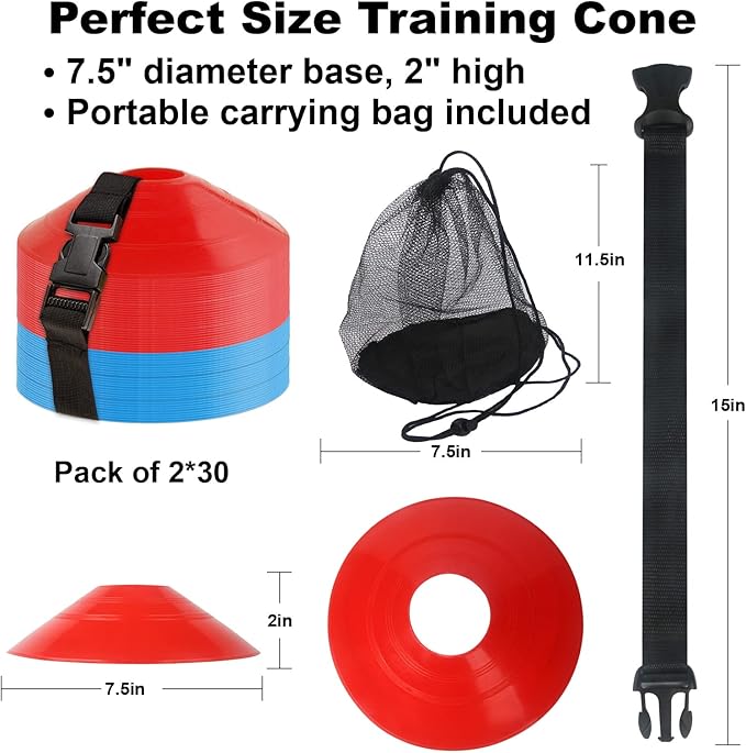 60PCS Soccer Cones with Strap Carry Bag Agility Disc Cones Soccer Training Cones, Field Marker Sport Training Cones for Challenge Football Basketball Skating Kids Games Outdoor Indoor