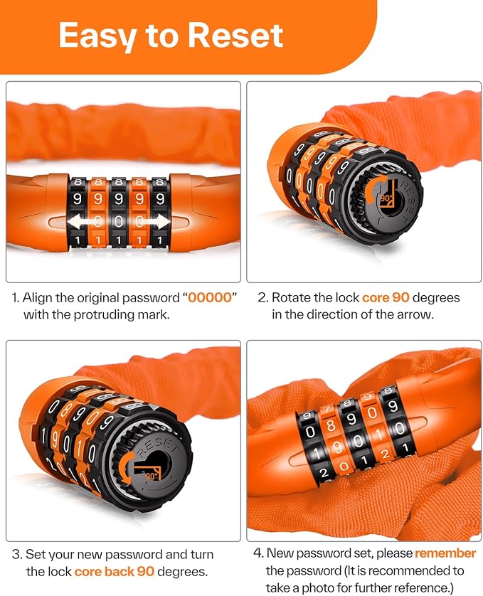 Sportneer Bike Lock: 5 Digit Combination High Security Anti Theft Bike Chain Lock - 3.2/3.6/4ft Heavy Duty Keyless Bicycle Lock for Bike, Motorcycle, Scooter, Door & Gate - 4/6mm Thick, Easy to Use
