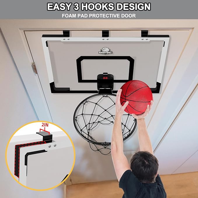 24" x 16" Large Basketball Hoop Indoor for Adults, Over The Door Basketball Hoop with Sturdy Backboard/Electronic Scoreboard, Basketball Toys Gifts Ideas for Man Kids Teens Boys Girls, Black