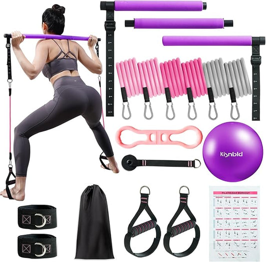 Pilates Bar Kit with Resistance Bands, Multifunctional Pilates Bar with 3 Set Exercise Resistance Bands, Portable Pilates Equipment for Women Home Gym Yoga Workouts