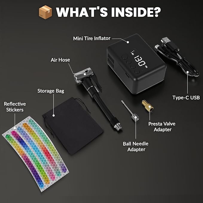 Mini Bike Pump 130PSI, Portable Bicycle Tire Pump with Pressure Gauge, Fast 30S Inflation for MTB/Road/E-Bike, Works with Presta & Schrader Valves, Includes Reflective Stickers