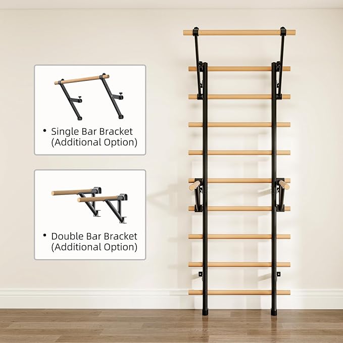 DHT Wood Stall Bar, Swedish Ladder Suspension Trainer with 9 Strategic Rods, for Home, Gym, School and Clinics, Black