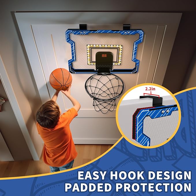Mini Basketball Hoop Indoor with Scoreboard/LED Light, Glow in The Dark Door Basketball Hoop, Toy Gifts for Kids Boys Girls Teens Adults, Suit for Bedroom/Office/Outdoor/Pool, Blue
