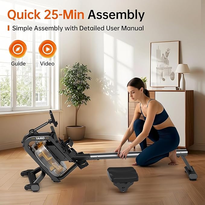 YAMO Water Rowing Machine for Home, Row Machine with 330LB Weight Capacity, Support Bluetooth & Compatible with Apps, Water Row Machine with Comfortable Seat and Tablet Holder