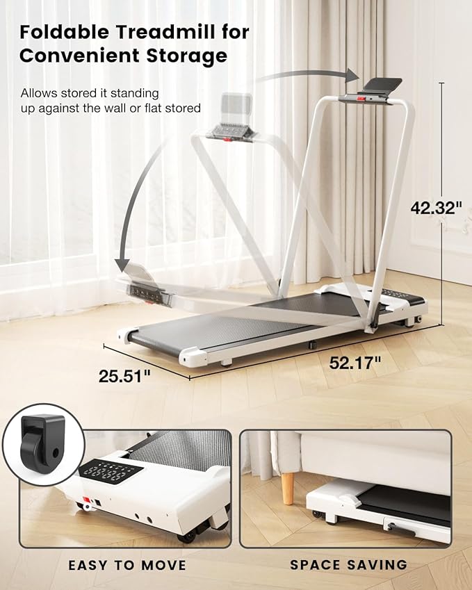 DeerRun 3 in 1 Walking Pad Treadmill, 300 Weight Capacity Foldable Treadmill, 3.0HP Low Noise Under Desk Treadmills for Home Office with Remote & APP