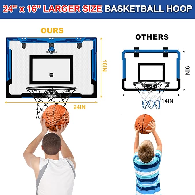 24" x 16" Large Basketball Hoop Indoor for Adults, Over The Door Basketball Hoop with Sturdy Backboard, Big Basketball Toys Gifts Ideas for Man Kids Teens Boys Girls, Blue