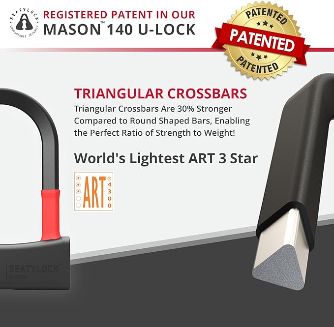 Seatylock Mason Bike U Lock - Patented Heavy Duty Anti Theft Diamond Secure ULock - Ultra Security Bicycle Safety Tool with Keys for City Electric or Mountain Bikes and Scooters