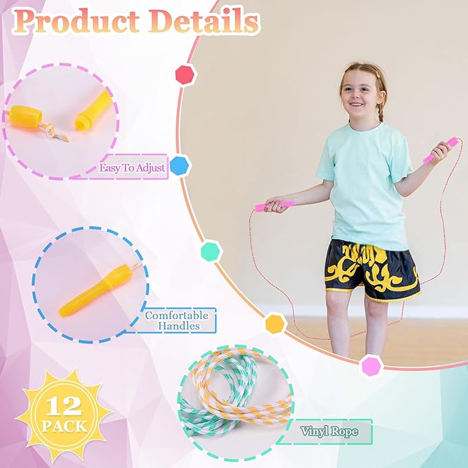 12 Pack Jump Rope for Kids,Jump Rope Stripe Ropes with Plastic Handles,Adjustable Skipping Rope,Colorful Jumping Skipping Stripe Rope for Outdoor Sports Exercise Activity,Assorted Colors