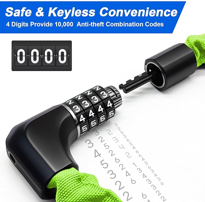 NDakter Upgrade Bike Chain Lock with 4 Digit Combination and 2 Keys, 3.2/4.28 Ft Heavy Duty Anti-Theft Bicycle Lock, 2 Ways to Unlock High Security Scooter Locks for Ebike, Escooter, Door