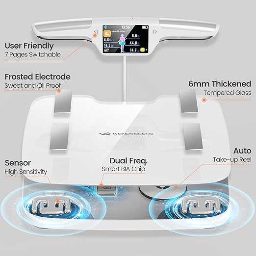 Wonder Core FitSpec Smart Body Fat Scale, Digital Bathroom Scale with 8 Electrodes for Accurate Weight, BMI, Muscle Mass & 55 Points Body Composition Analyzer