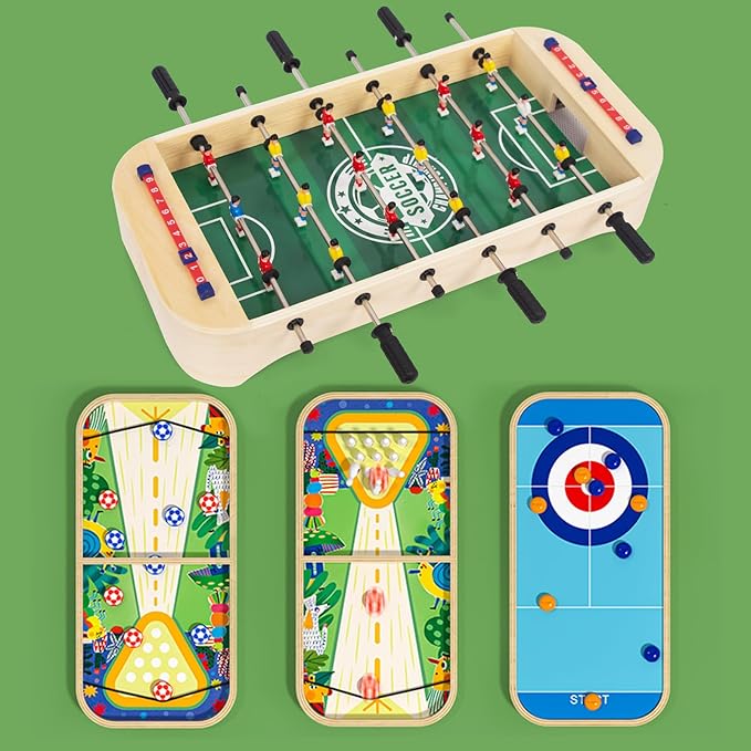 4-in-1 Multifunction Tabletop Football Table- Portable Mini Table Football/Soccer Game Set with Bowling Curling and Fast Sling Puck Game for Adults and Kids