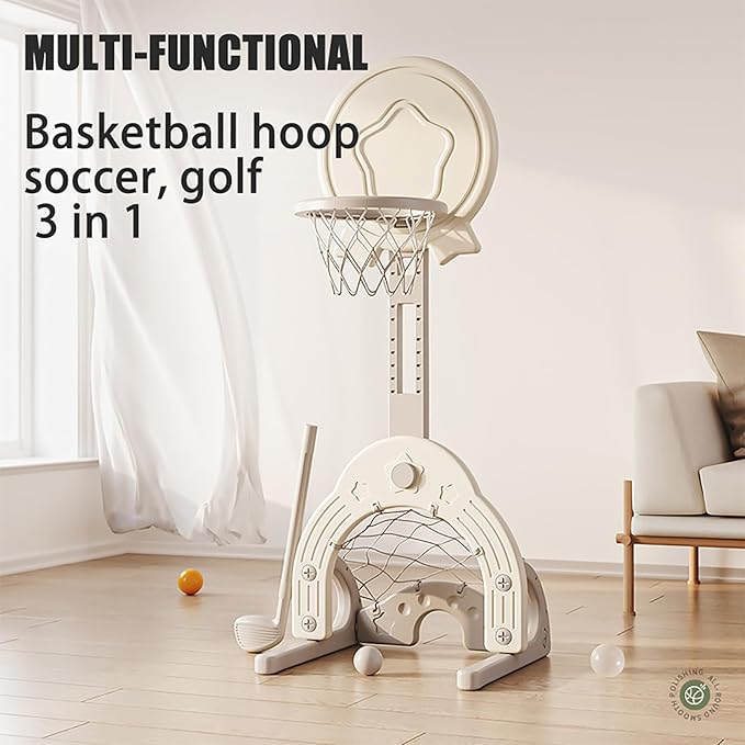 Toddler Basketball Hoop Set with 3 Balls, Adjustable Basketball Hoop Set Indoor Outdoor for Kids 1-3, Toddler Sports Activity Center, Portable Basketball Soccer Golf Game Set, Birthday Gift Grey