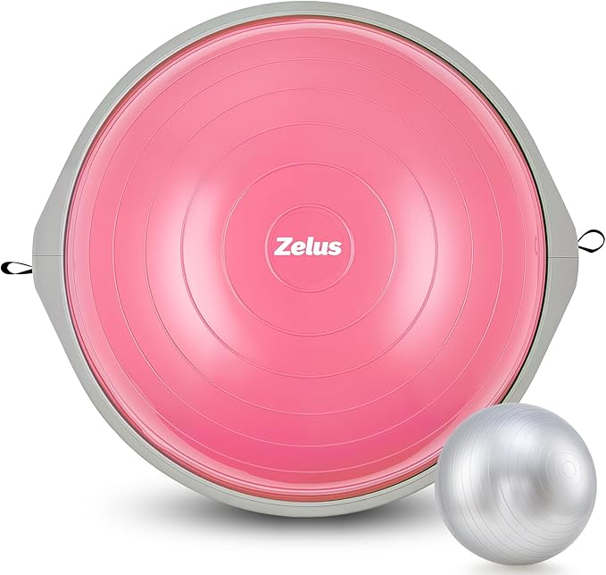 ZELUS 25in. Balance Ball | 660lb Inflatable Half Exercise Ball Wobble Board Balance Trainer w Nonslip Base | Half Yoga Ball Strength Training Equipment w 2 Bands, Pump, Extra Ball Included