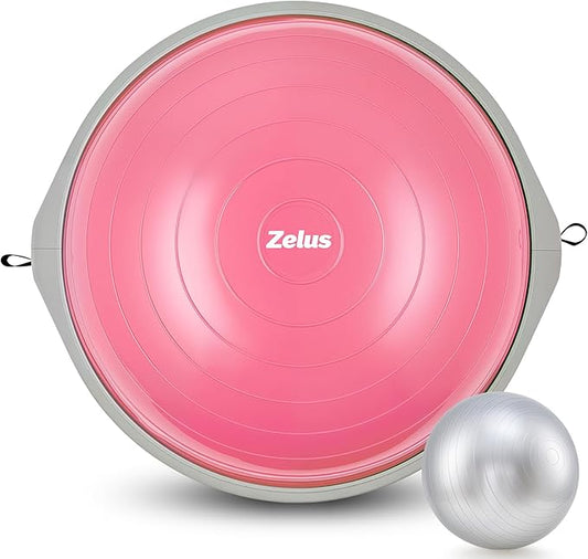 ZELUS 25in. Balance Ball | 660lb Inflatable Half Exercise Ball Wobble Board Balance Trainer w Nonslip Base | Half Yoga Ball Strength Training Equipment w 2 Bands, Pump, Extra Ball Included