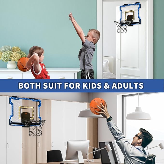 Mini Basketball Hoop Indoor with Scoreboard/LED Light, Glow in The Dark Door Basketball Hoop, Toy Gifts for Kids Boys Girls Teens Adults, Suit for Bedroom/Office/Outdoor/Pool, Blue