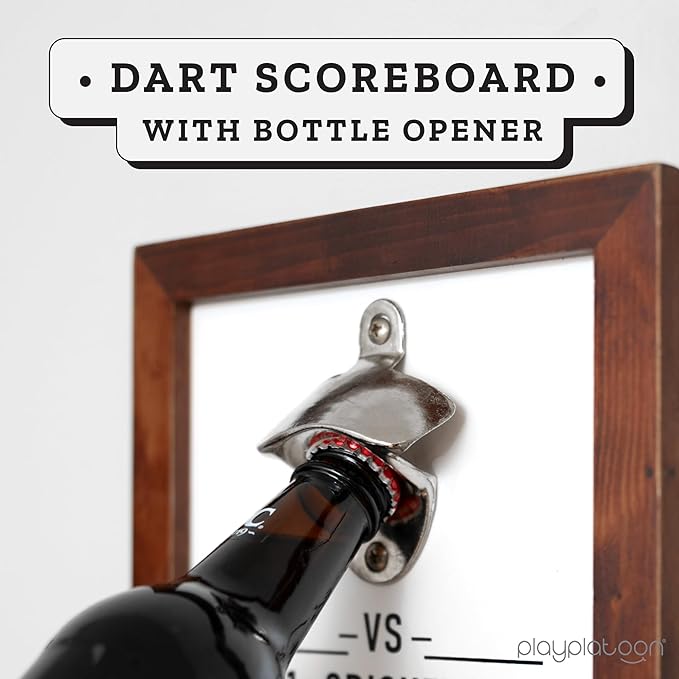 Play Platoon Dart Scoreboard & Darts Holder Wall Mount with Bottle Opener - Wood Score Board, Professional Darts Accessories, Dart Holder