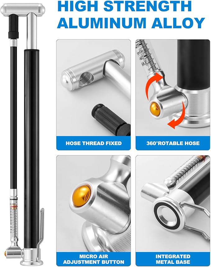 JULAI Mini Bike Floor Pump with Gauge, Portable Hand Pump - Bicycle Frame Inflator with Ball Needle - Fits Presta & Schrader Valves - Lightweight for Road Mountain & BMX Bikes - High Pressure 160 PSI