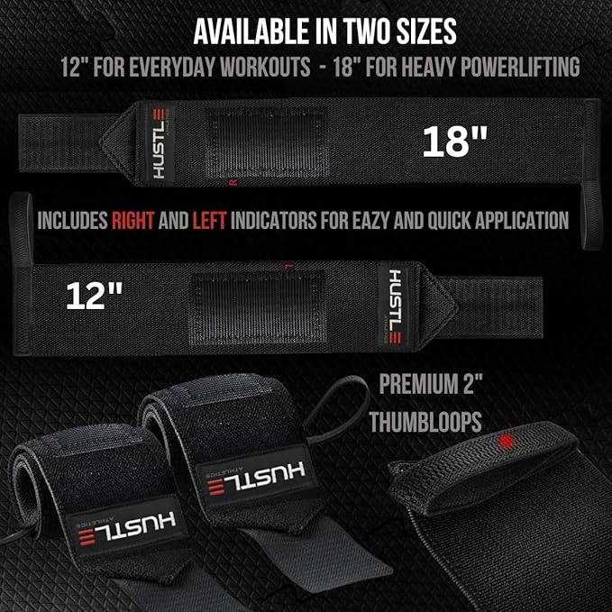 Hustle Athletics Wrist Wraps for Weightlifting, USPA-Approved Wrist Support Weight Lifting Wraps, Premium Hook-and-Loop, 12 in or 18 in Heavy-Duty Cotton-Elastic Support for Powerlifting & Bench Press