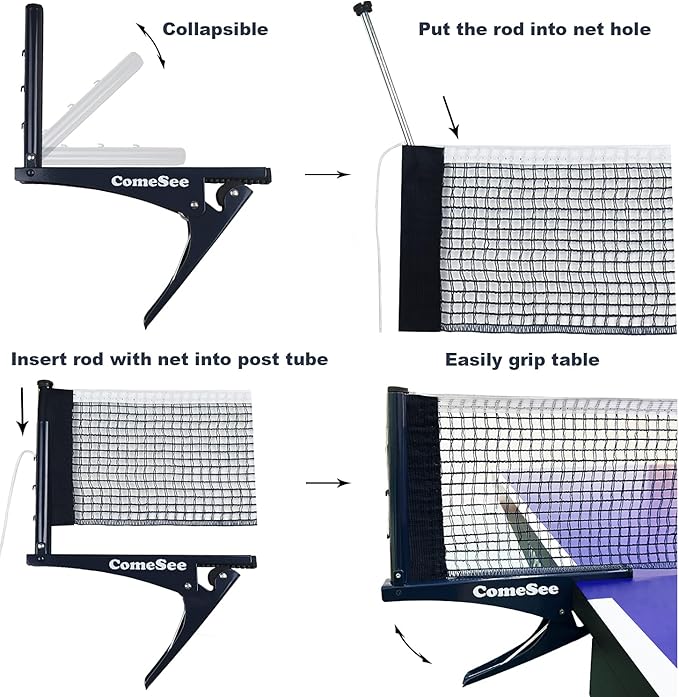 Comesee Kioos Collapsible Table Tennis Net Professional Steel Pingpong Net Clip Grip Mesh Training Competition Portable Tension Adjustable Post (Navy)