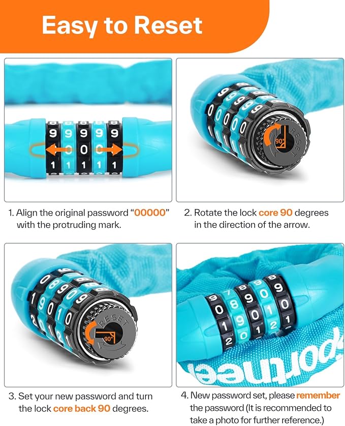 Sportneer Bike Lock: 5 Digit Combination High Security Anti Theft Bike Chain Lock - 3.2/3.6/4ft Heavy Duty Keyless Bicycle Lock for Bike, Motorcycle, Scooter, Door & Gate - 4/6mm Thick, Easy to Use