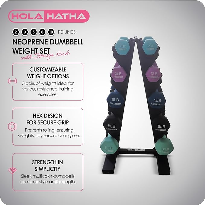 HolaHatha 2, 3, 5, 8, and 10 Pound Neoprene Dumbbell Free Hand Weight Set with Rack, Ideal for Home Exercises to Gain Tone and Definition, Pastel