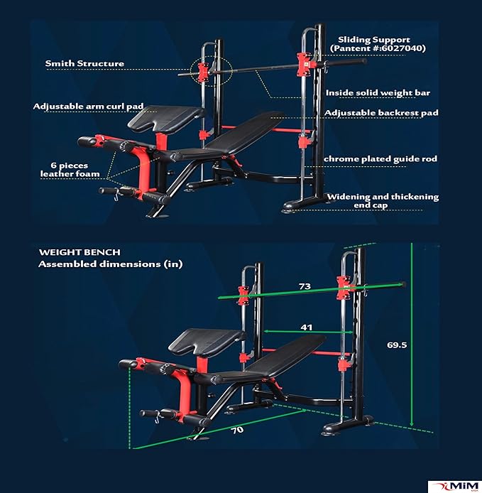 Olympic Weight Bench Squat Rack Home Gym w/Leg Extension & Arm Curl, All in One Gym Machine