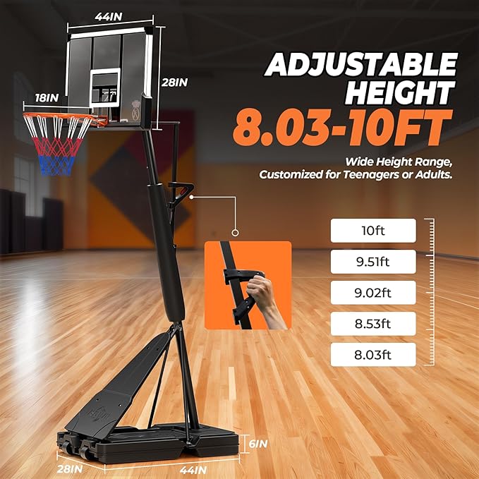 Basketball Hoop Outdoor Basketball Goal Portable Adjustable for Adults, Youth in Backyard, Driveway, Indoor, 44 Inch Pc Shatterproof Backboard, 2 Sand Bags and Portable Wheels