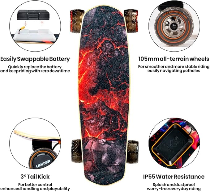 Electric Skateboard with Remote, 200W Motors/2 × 600W Motors, 13Mph/28Mph Top Speed, 4 Speed Smooth Braking, Suitable for Adults and Teens Beginners-Flamo/S3 Mini