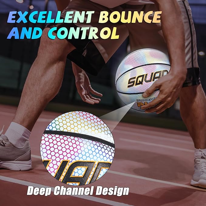 SQUAD NightPlay Reflective Basketball Size 5, Size 7 - Cool Holographic Glow Basketball for Night Game, Ideal Gift for Boys Girls 10-14 Year Old, Cool Teen Toys