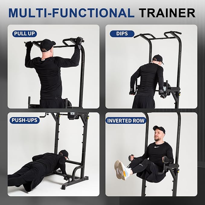 BARWING Pull Up Bar Station, Power Tower, Dip Station with 3D Backrest, Multi-Function Strength Training Stand Rack, Adjustable Height Dip Bar for Home Gym Workout Stand Fitness Exercise Equipment