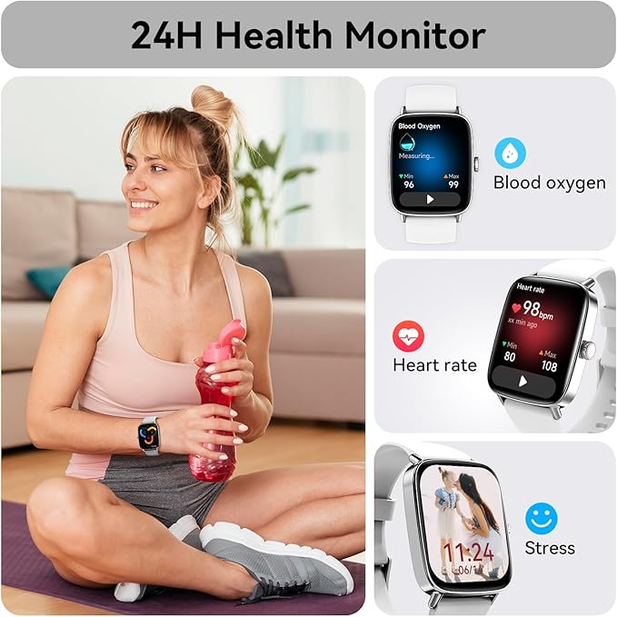 Tensky Smart Watch for Women Android & iPhone, 1.85" Touch Screen Fitness Tracker with Answer/Make Call, IP68 Waterproof 24/7 Health/Sleep Monitor, Pedometer, 100+ Sport Modes (2 Bands)