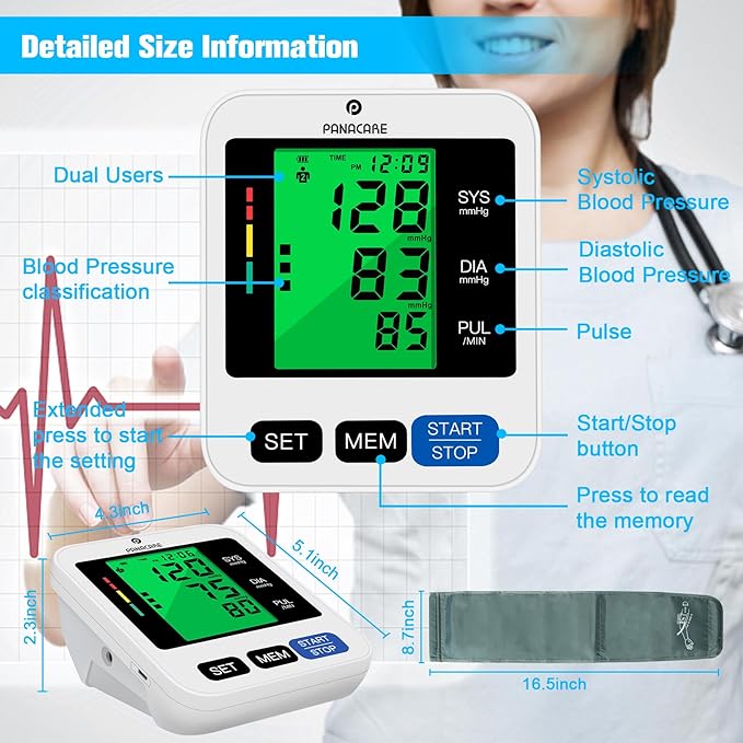 Blood Pressure Monitor Upper Arm Blood Pressure Machine for Home Use BP Cuff Kit, Large 3-Color 3.4'' Display with Backlight,Pulse Rate Detection Meter with Cuff 22-42cm/2×99 Sets Memory (Black)