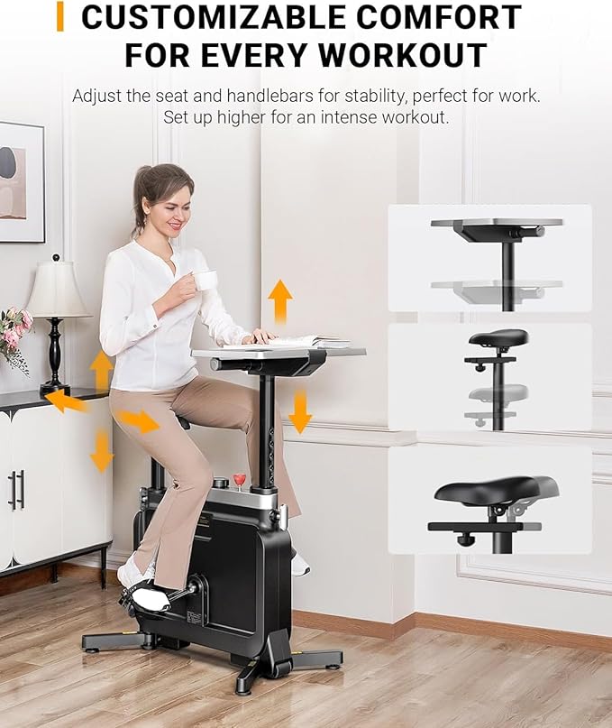 Foldable Under Desk Bike, All-in-one Exercise Bike for Home, Indoor Bike Stationary Bike with Desk, Adjustable Resistance, 264LBS Capacity, Portable Office Bike, Compact Cycling