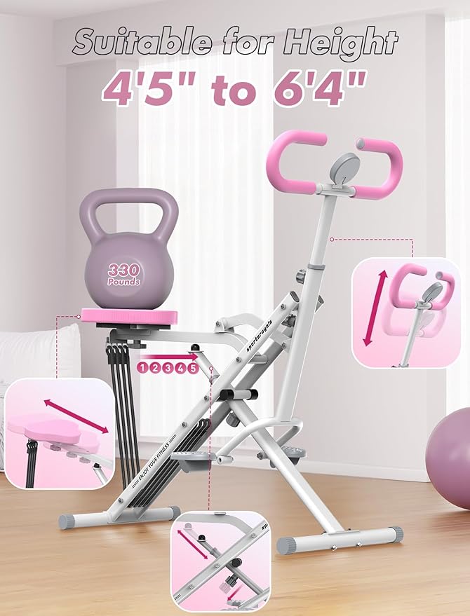 Sportsroyals Squat Machine for Home,Ride & Rowing Machine for Glutes Butt Thighs,Ab Back/Leg Press,Foldable & Easy Setup Exercise Equipment w/Adjustable Resistance,350lbs Capacity