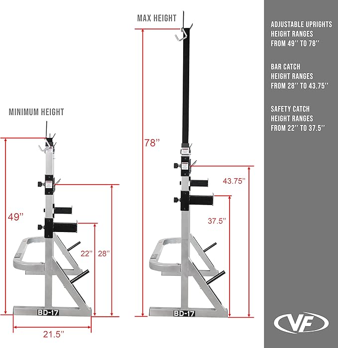 Valor Fitness Adjustable Power Squat Rack with J-Hooks, Locking Safety Catches, and Plate Storage – Home Gym Bench Press Station – Max Weight 475 lbs