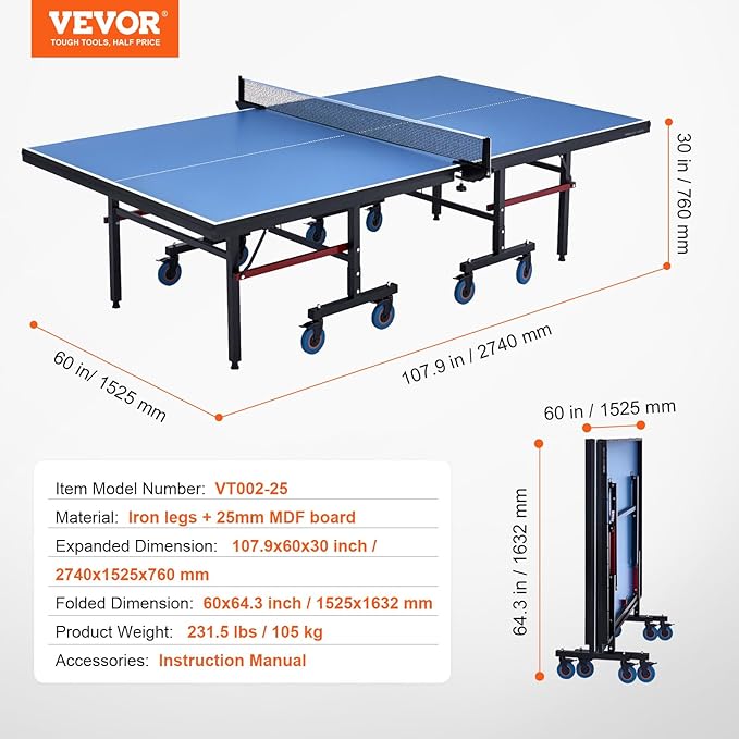 VEVOR Ping Pong Table, Professional Table Tennis Game, Indoor MDF Portable Table Tennis Table, Foldable Ping Pong Table with Quick Clamp Net and Lockable Wheel, 10 Minute Easy Assembly, 25mm Tabletops