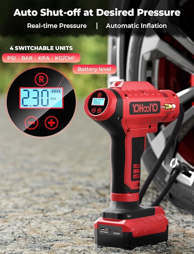 YOHOOLYO Tire Inflator Portable Air Compressor for Car 20V Cordless Tire Pump Rechargeable Battery Powered 12V DC Car Adapter Auto Stop Digital Pressure Gauge Motorcycle Bike 150PSI Red