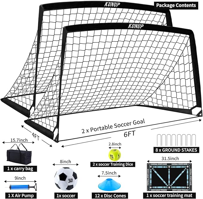 2 Pack Kids Soccer Goal for Backyard Set 6x4FT Portable Pop Up Soccer Net Training Equipment with Soccer Ball, Training Dice Mat, Cones and Carry Bag for Youth Toddler Teams Indoor Outdoor Sport Game