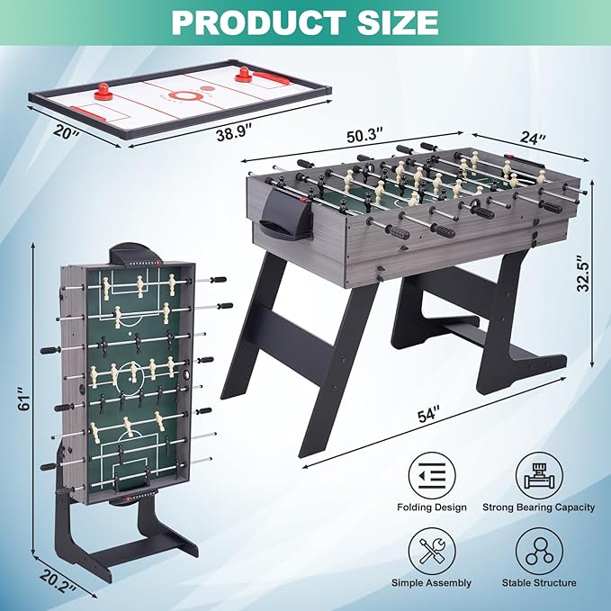 Foldable Multi Game Table, 54" 4-in-1 Combo Game Table Set with Ping Pong, Hockey, Pool Billiards and Foosball for Kids, Adults, Home, Game Room, Friends & Family