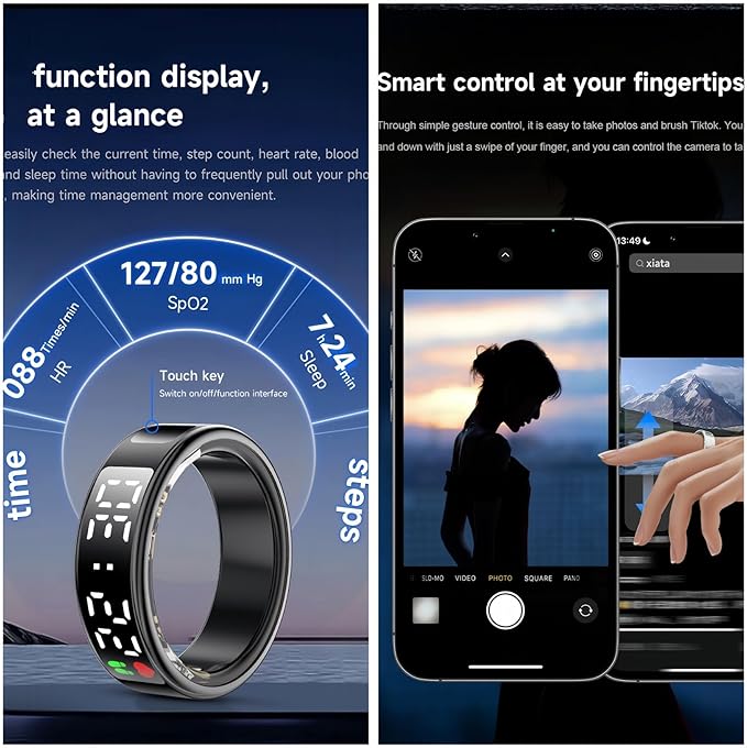 Smart Ring Health Fitness Tracker, Touch Screen Smart Ring for Men and Women, Sleeping Steps Heart Rate Blood Oxygen Monitor, Remote Photography LED Display Ring Waterproof Fitness Ring (Gold, 10)