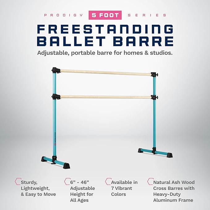 VITA Barre Portable Freestanding Double Ballet Barre, Prodigy, Wood | Adjustable Height, USA Made, Home or Gym Exercise Equipment for Kids & Adults | Dance, Fitness, Pilates