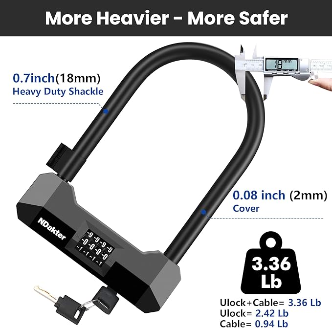 NDakter Bike Locks Heavy Duty Anti Theft,18mm Bicycle Combo U Lock with 5FT Cable, 4-Digit Resettable Combination Electric Scooter Lock with 2Keys and Bracket for Tricycle, Moped, Motorcycle(Gray)