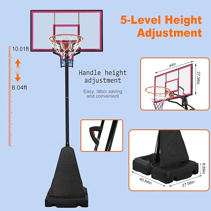 Basketball Hoop Outdoor 8.04-10FT Height Adjustable, Portable Basketball Goal with 44 Inch Shatterproof Backboard, Heavy-Duty Base & Wheels for Youth,Teens,Adults in Backyard,Driveway,Indoor