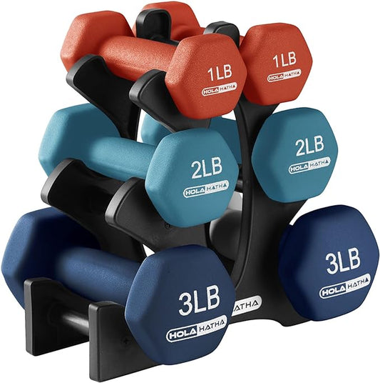 HolaHatha 2, 3, 5, 8, and 10 Pound Neoprene Dumbbell Free Hand Weight Set with Rack, Ideal for Home Exercises to Gain Tone and Definition, Pastel