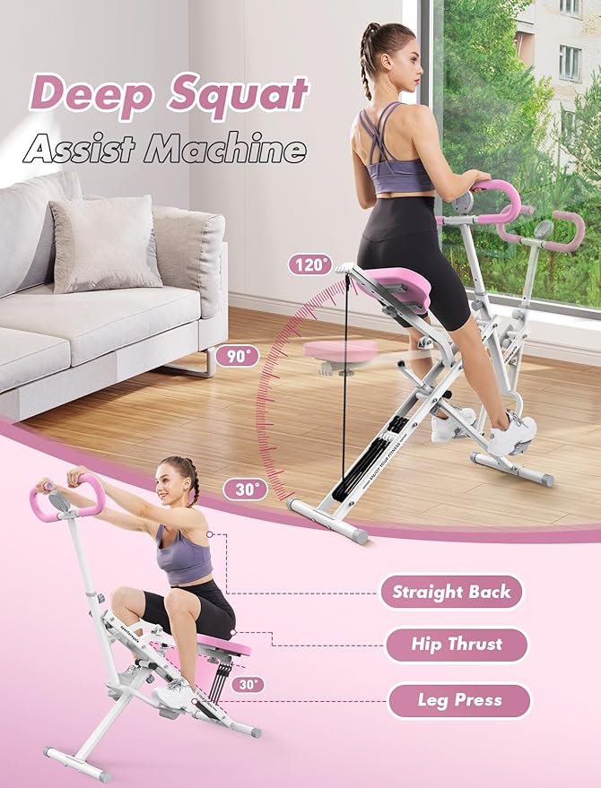 Sportsroyals Squat Machine for Home,Ride & Rowing Machine for Glutes Butt Thighs,Ab Back/Leg Press,Foldable & Easy Setup Exercise Equipment w/Adjustable Resistance,350lbs Capacity